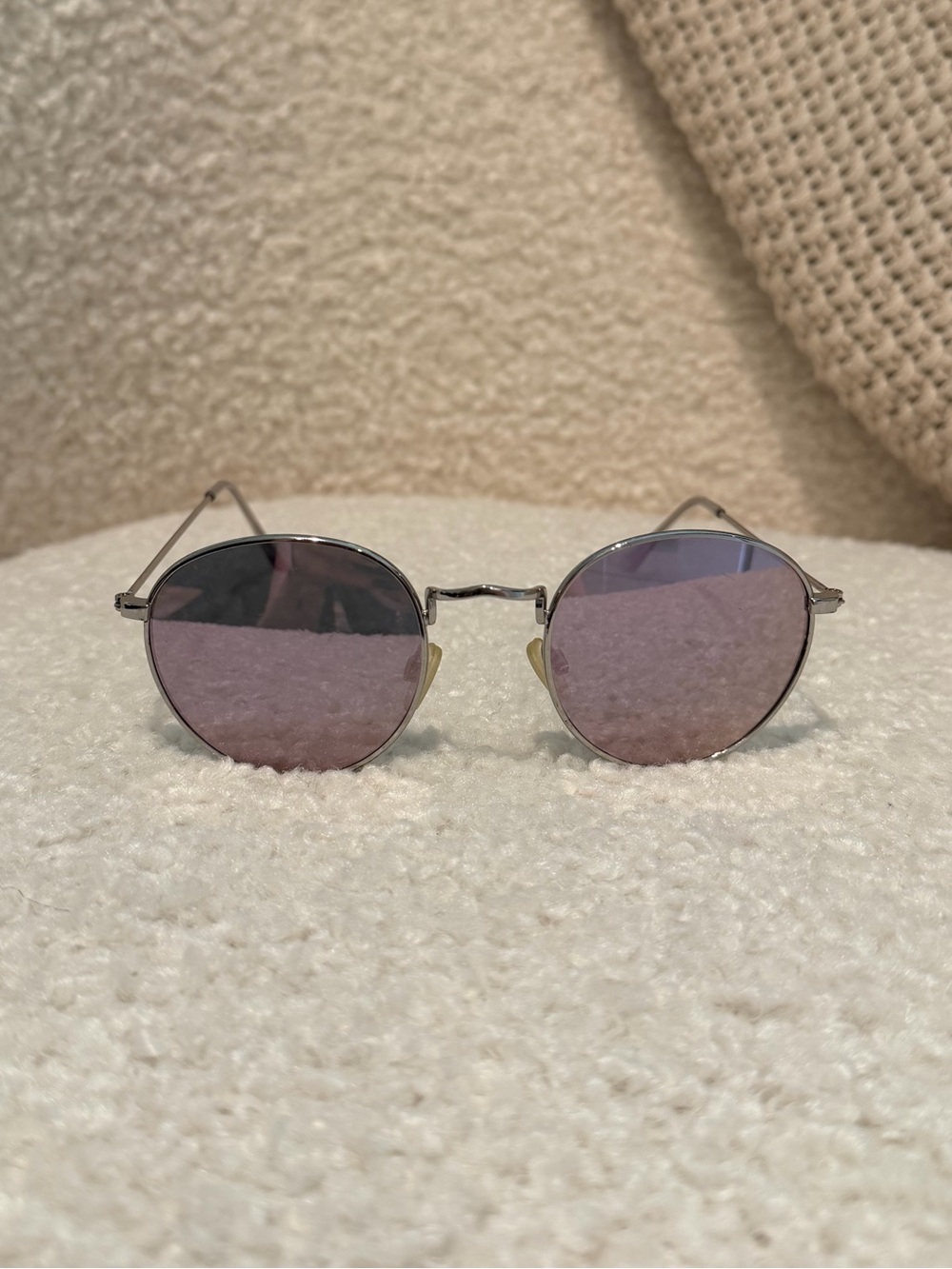 Round Retro Purple Mirrored Sunglasses Silver Frame